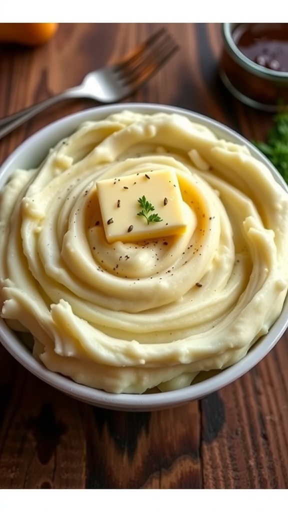 A bowl of creamy mashed potatoes topped with butter and herbs, served with a fork and gravy on a rustic table.